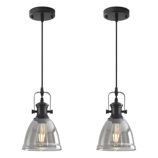 2-Pack Industrial Glass Pendant Light Smoke Gray Glass Shade Black Metal Hanging Lamp E26 Base Adjustable Cord For Kitchen Island Dining Room Farmhouse Ceiling Lighting
