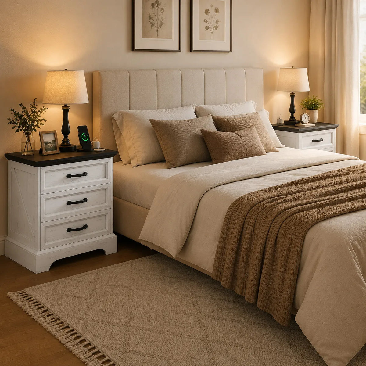 Anixol Farmhouse Nightstand With Three Drawer Charging Station