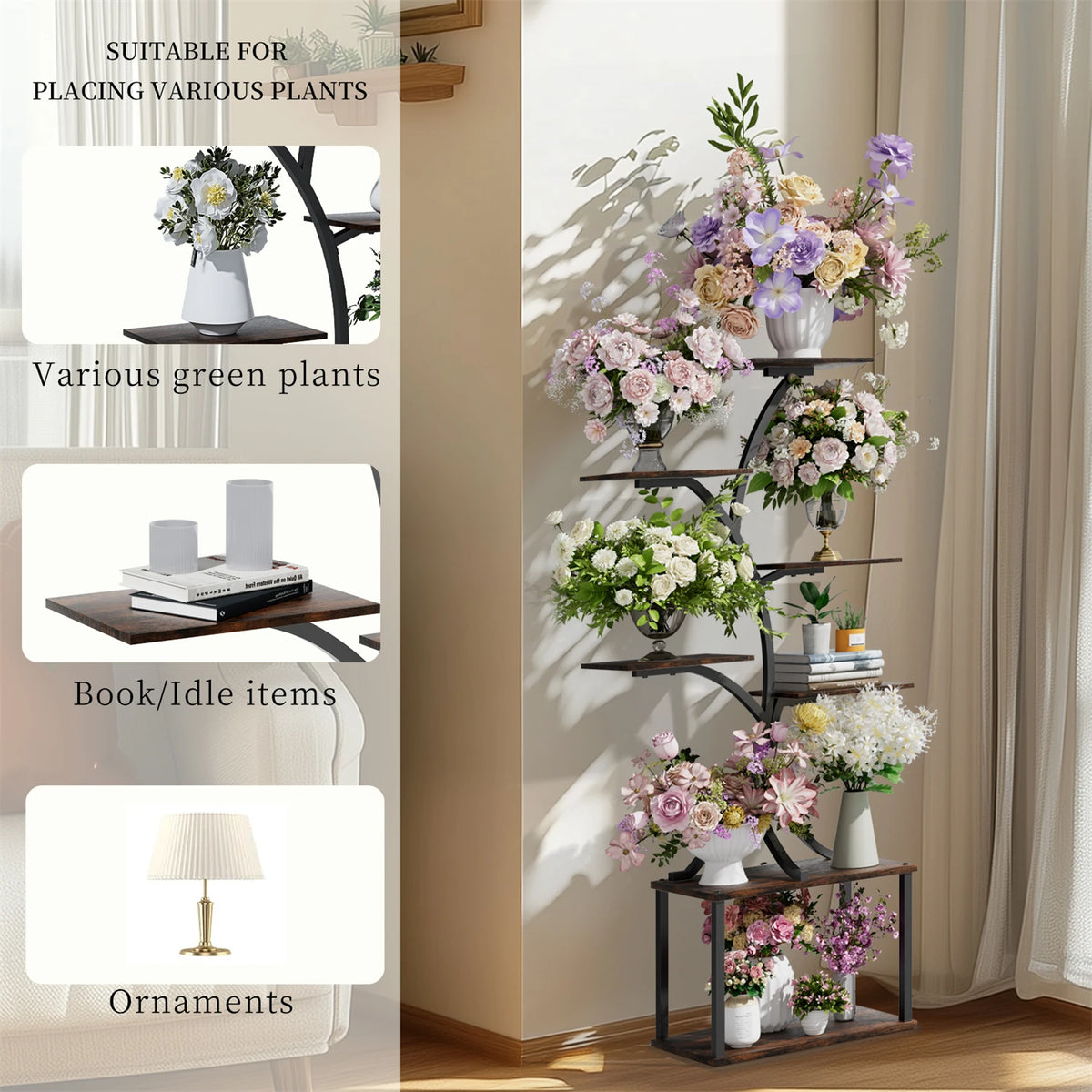 Tree Shaped Metal Plant Stand With Wooden Display Shelves