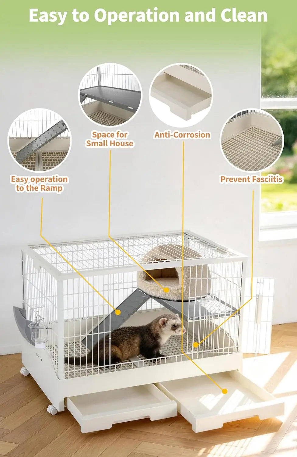 Large Rabbit Hutch, Small Animal Cage with 2 Removable Tray, Ramp, 6 Casters, Water & Hay Feeder, for Rabbit, Hamster, Guin