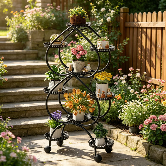 Metal Plant Stand With Wheels And Tiered Display Rack