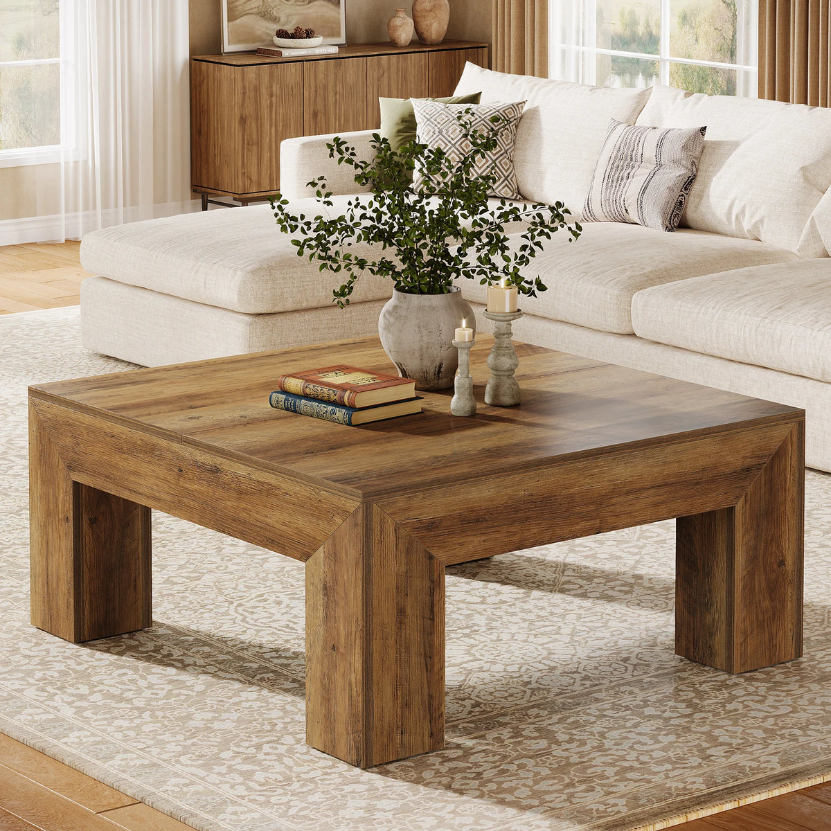 Tribesigns Farmhouse Square Coffee Table Wooden Legs For Living Room