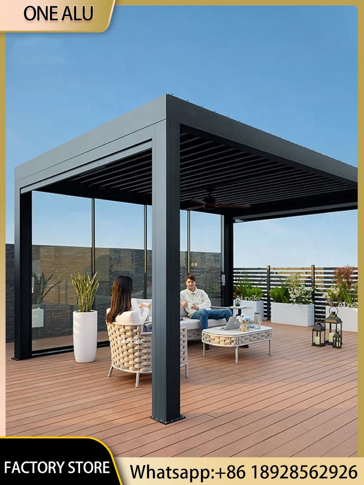 Motorized Aluminum Pergola With Glass Sliding Doors And LED Lights