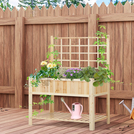 Outsunny Wooden Raised Garden Bed With Trellis And Storage Shelf