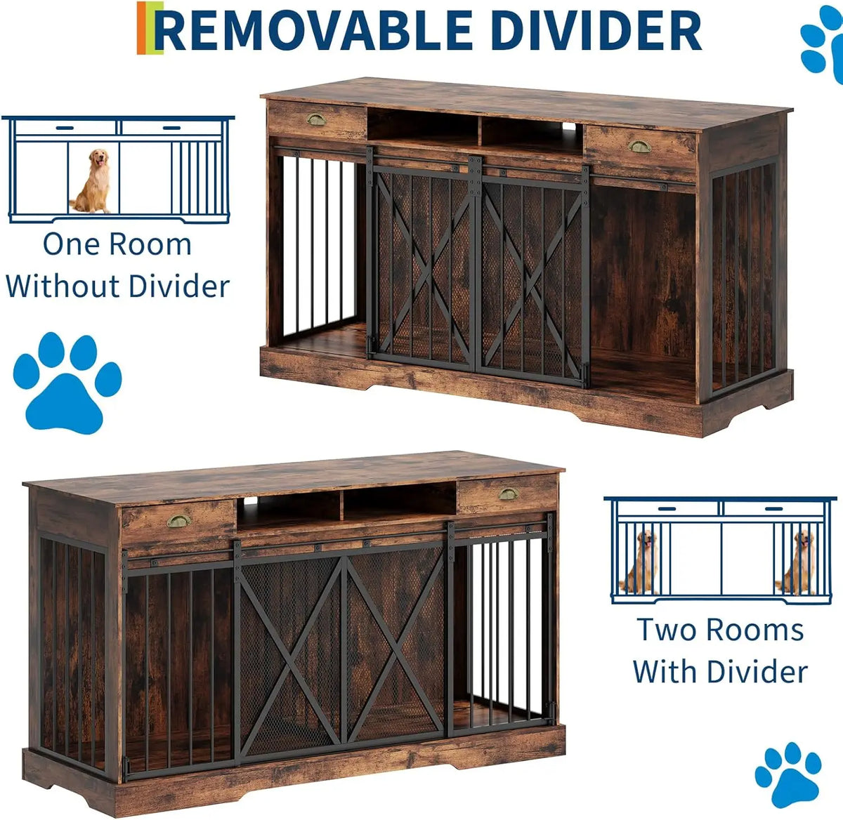 63 in Extra Large Double Dog Crate with Removable Divider, Heavy Duty Dog Kennel Furniture with 2 Drawers, Decorative TV Stand