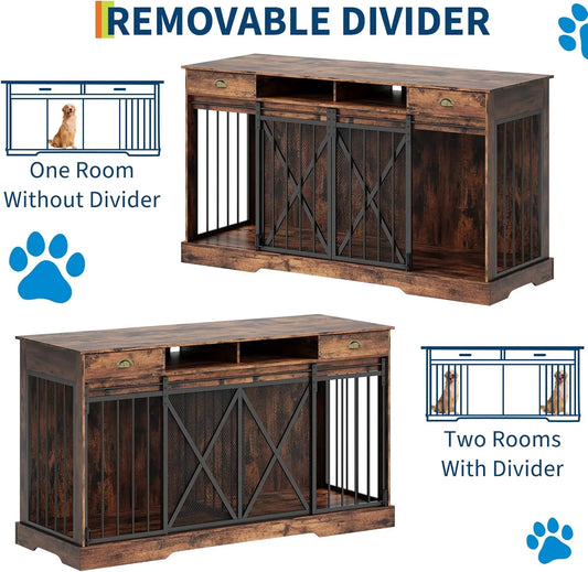 63 in Extra Large Double Dog Crate with Removable Divider, Heavy Duty Dog Kennel Furniture with 2 Drawers, Decorative TV Stand