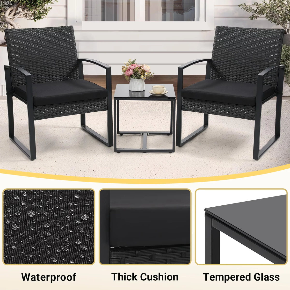 TUAREX Outdoor Wicker Bistro Set With Cushions And Coffee Table