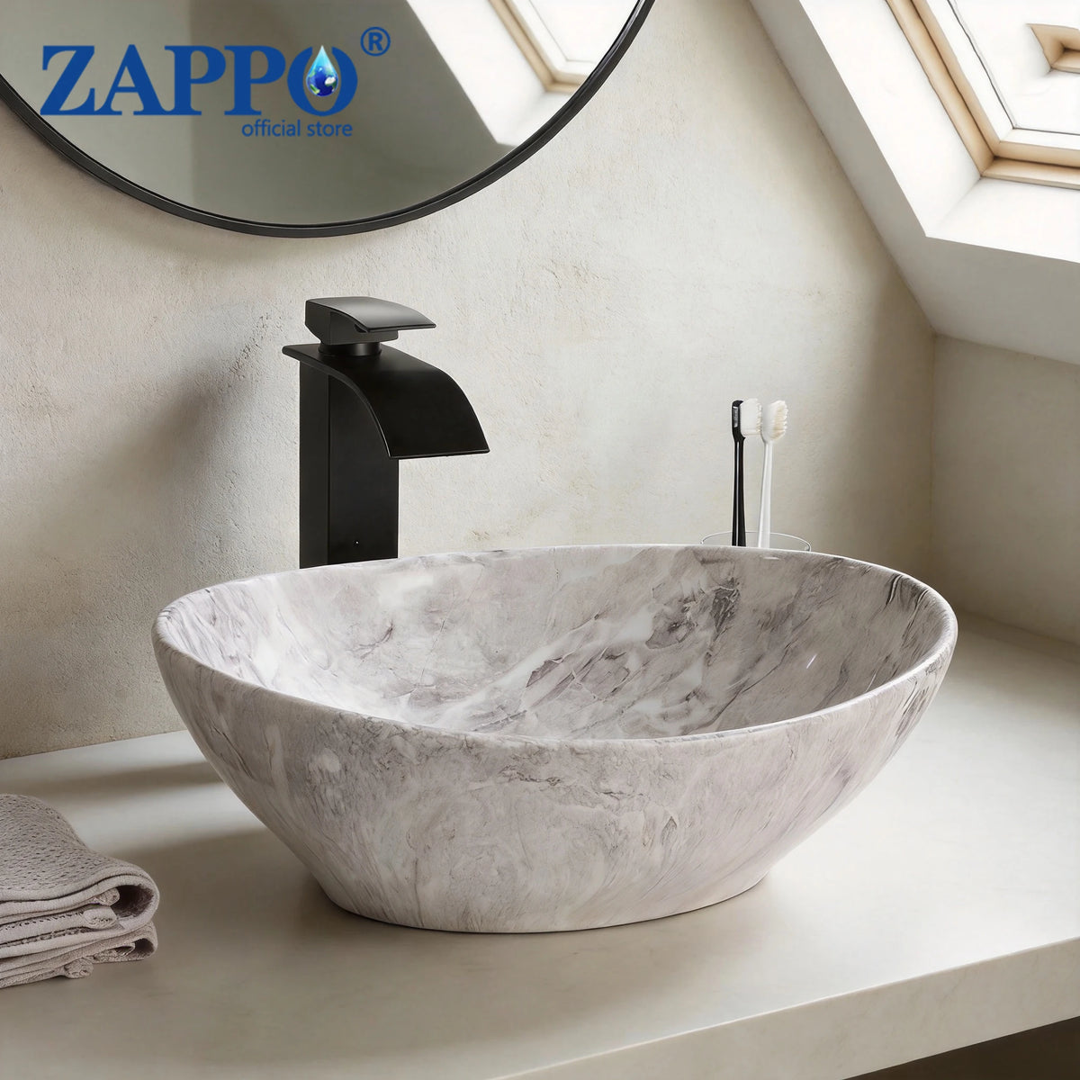 MEKKHALA Oval Ceramic Vessel Sink Set With Waterfall Faucet