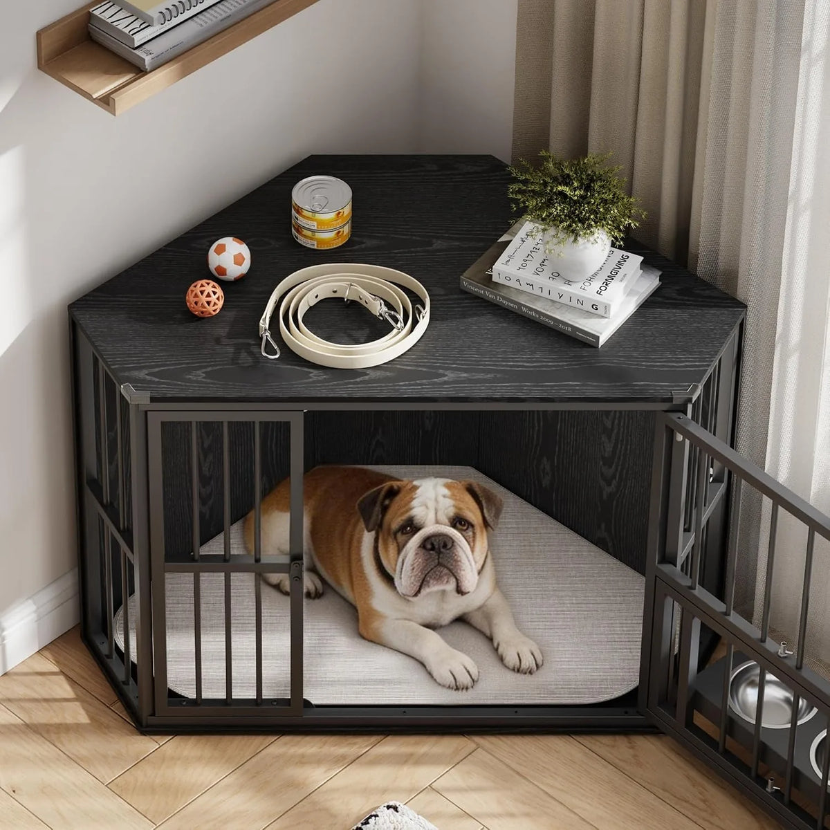 Wooden Corner Dog Crate Furniture With Double Door Lockable Cage