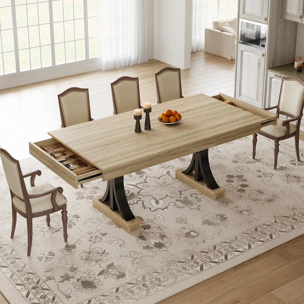 HiMISS Modern Dining Table With Storage Drawers And Metal Frame