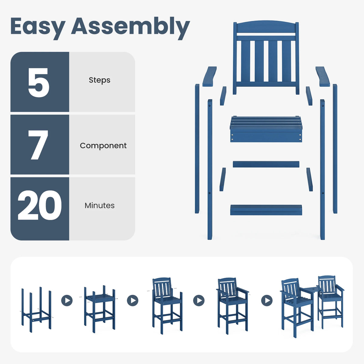 FARINI Adirondack Bar Height Patio Chairs With Connecting Tray