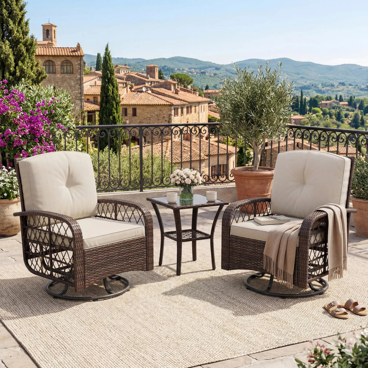 HiMISS Outdoor Wicker Conversation Set With Swivel Rocker Chairs