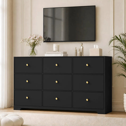 HiMiss Modern 9 Drawer Wood Storage Chest With Gold Handles