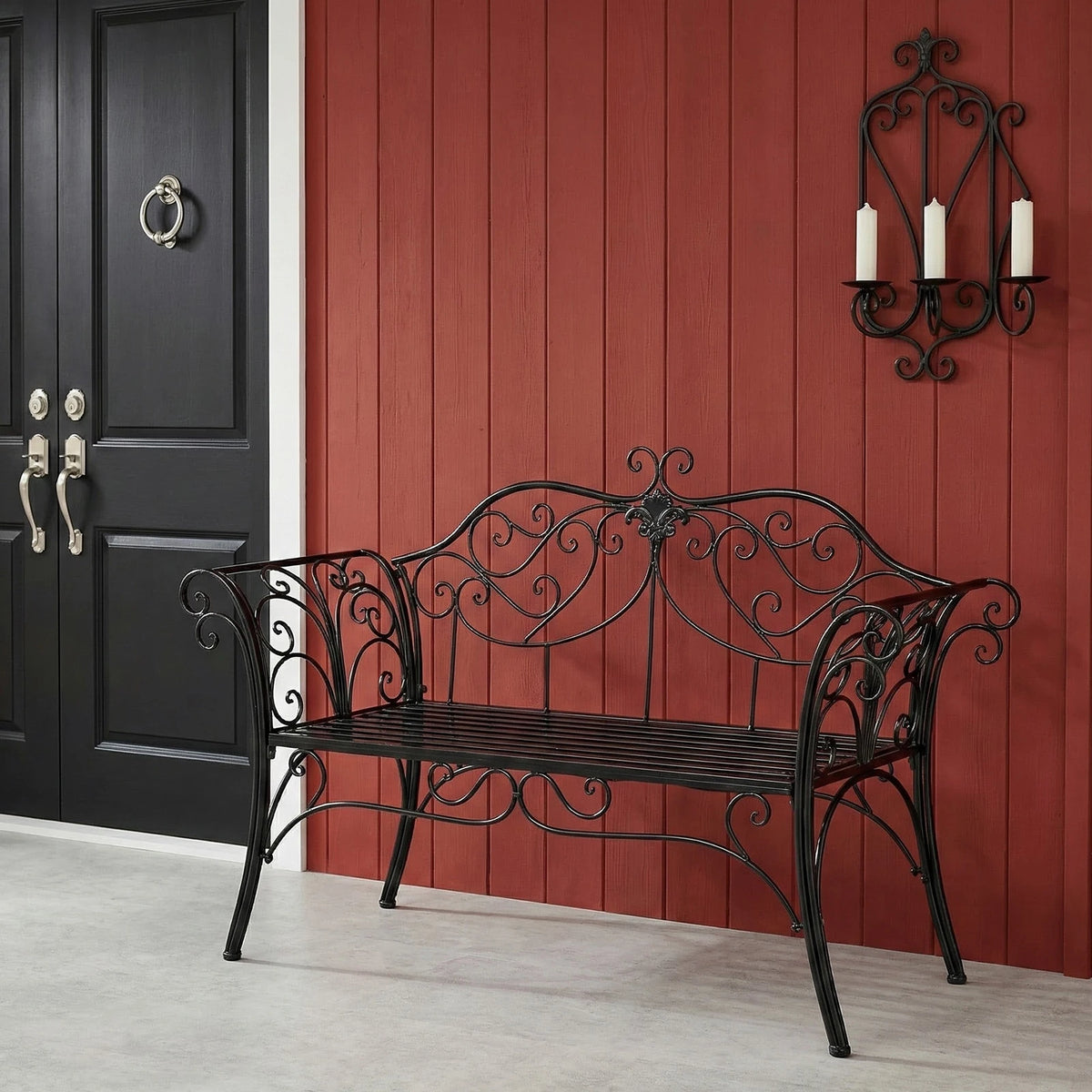 Wrought Iron Garden Bench With Decorative Backrest For Outdoor Use
