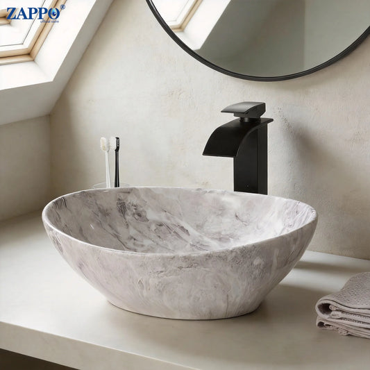 MEKKHALA Oval Ceramic Vessel Sink Set With Waterfall Faucet
