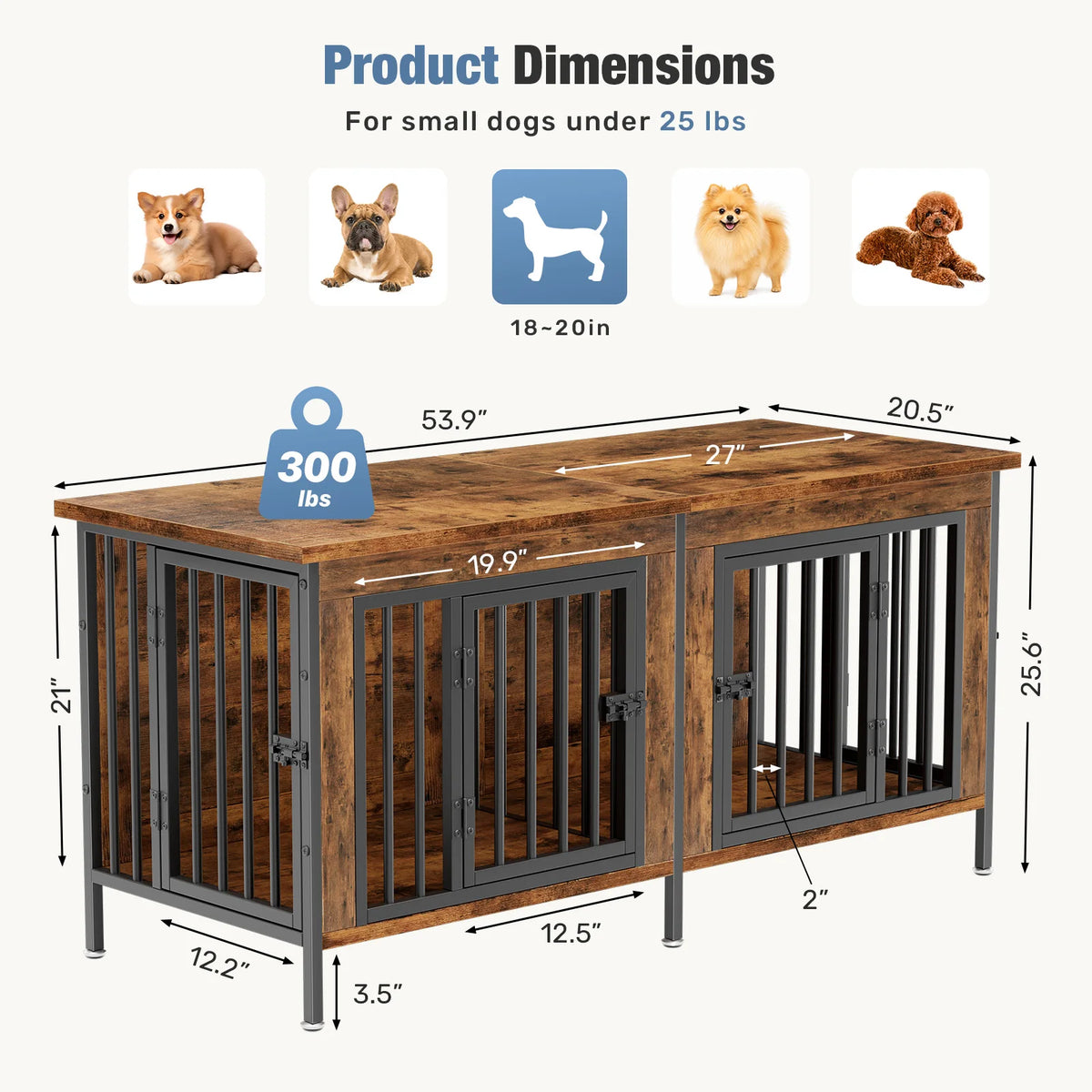 JHK 54 Inch Double Door Wooden Dog Cage with Divider Heavy Duty Extra Large Pet Kennel for Indoor Outdoor Dog Kennel Furniture