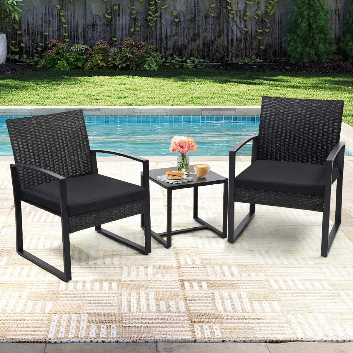 TUAREX Outdoor Wicker Bistro Set With Cushions And Coffee Table