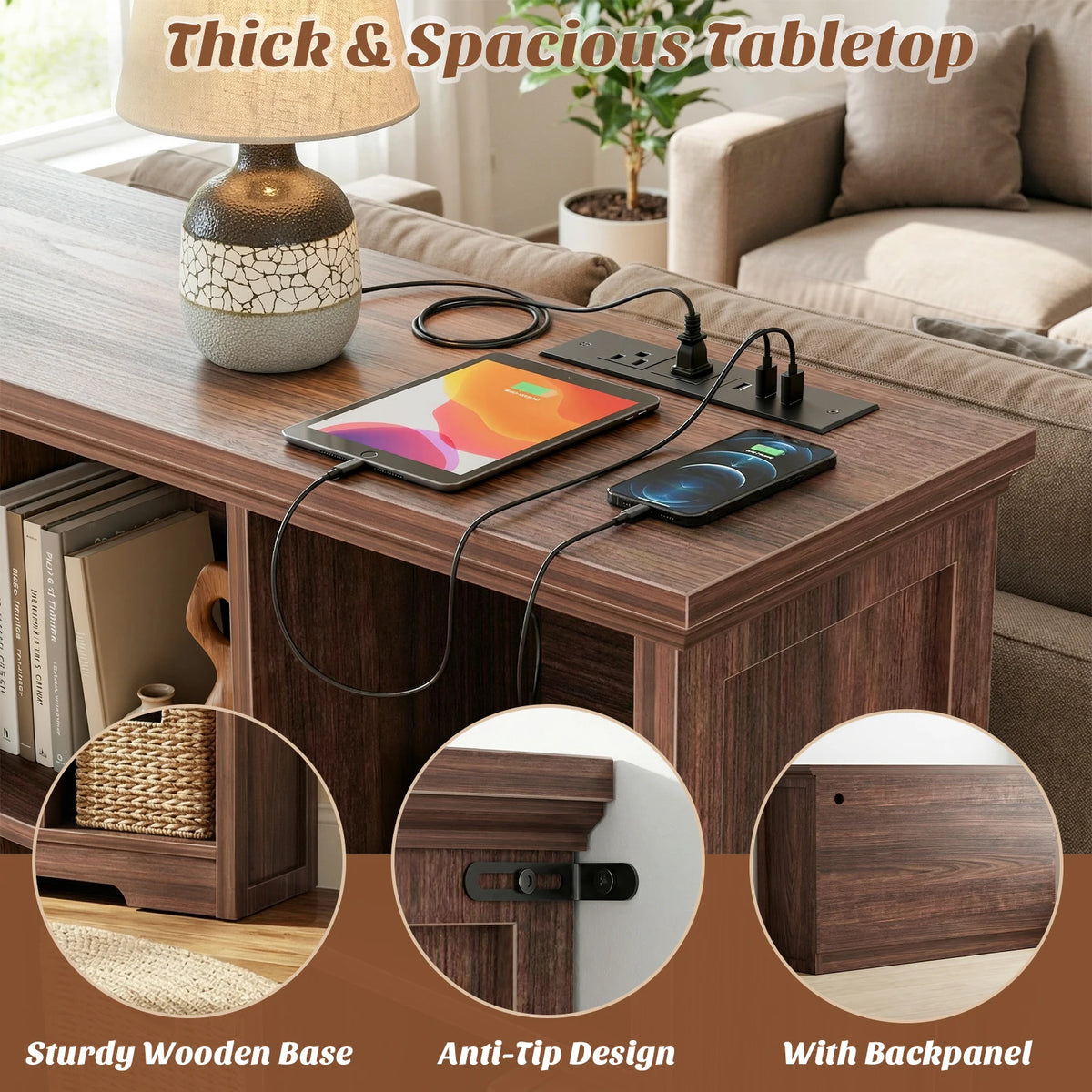 Aheaplus Modern Wooden Bookshelf With Integrated Charging Ports