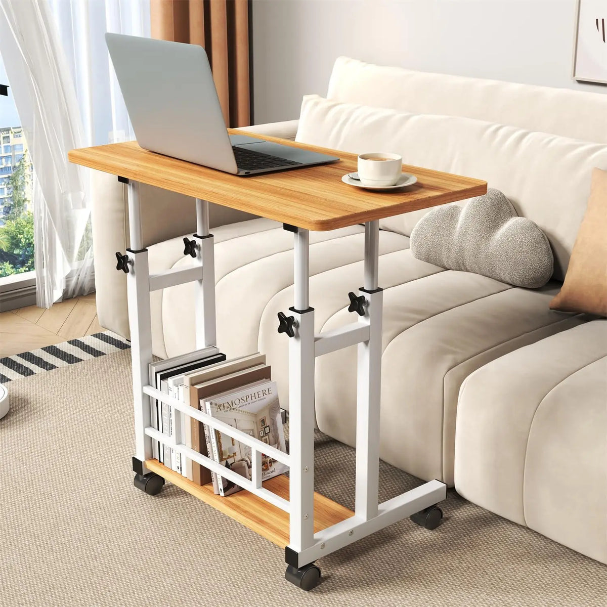 Adjustable Height Bamboo Standing Desk With Smooth Rolling Wheels