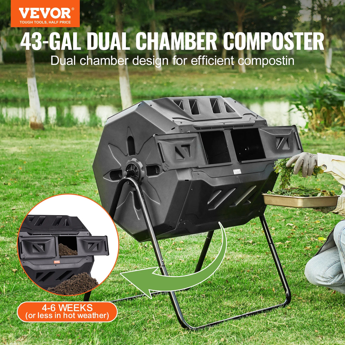 SucceBuy Dual Chamber Tumbling Composter For Garden Kitchen Yard Outdoor