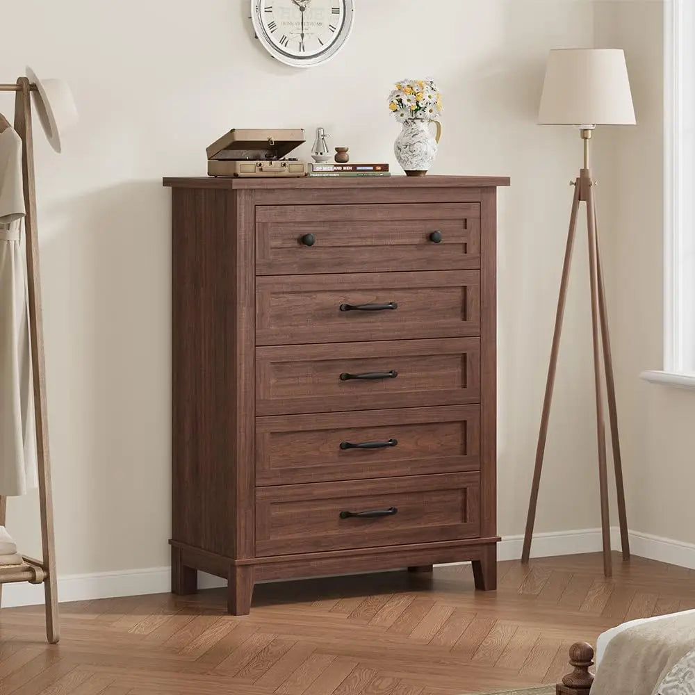 Five Drawer Wooden Dresser With Spacious Bedroom Storage Cabinet