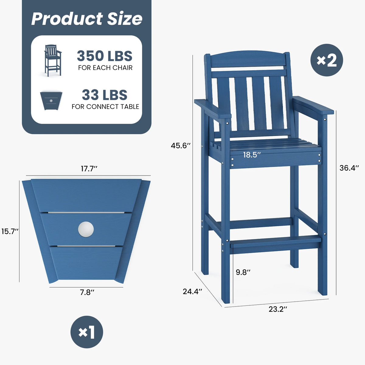 FARINI Adirondack Bar Height Patio Chairs With Connecting Tray