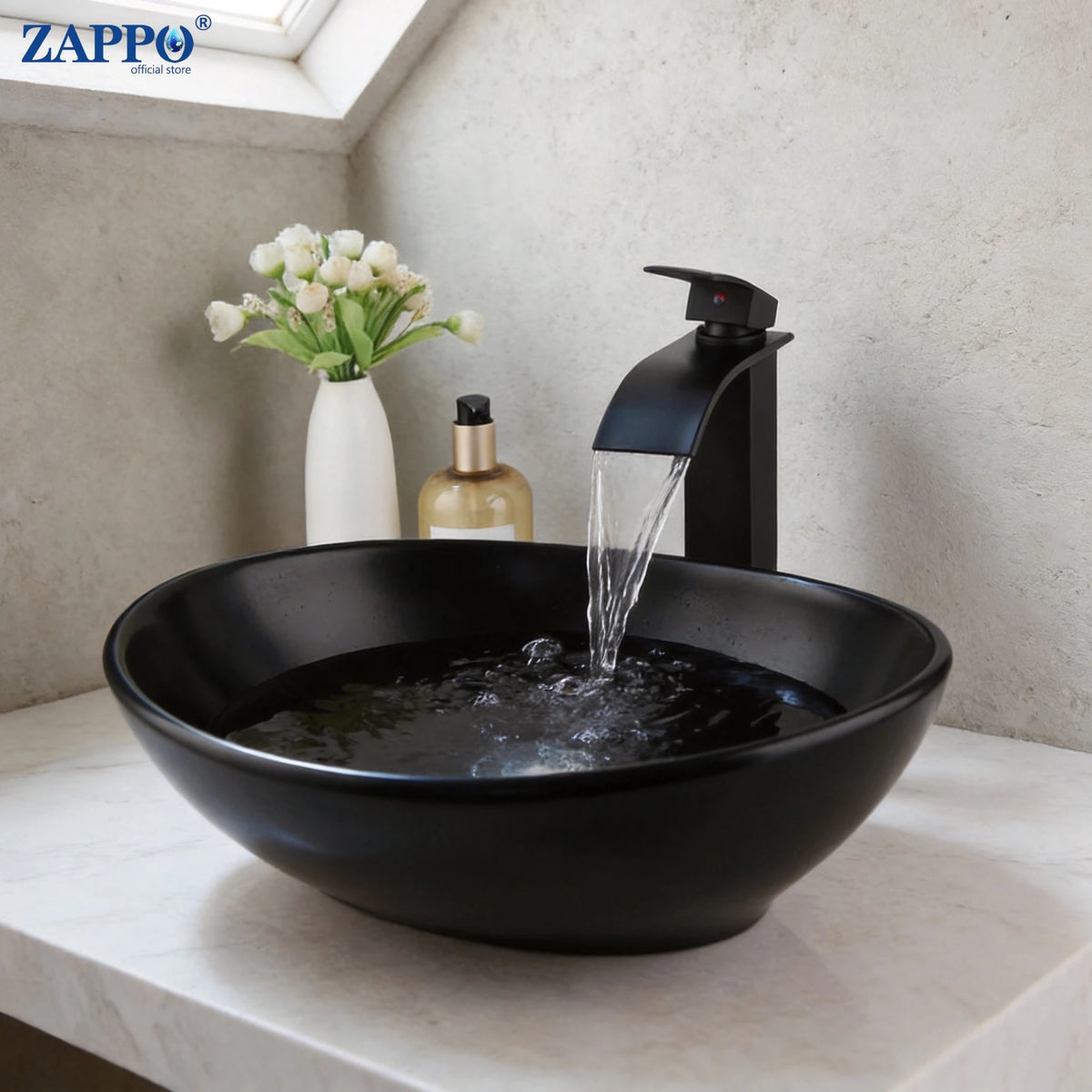 MEKKHALA Ceramic Vessel Sink Set With Waterfall Faucet