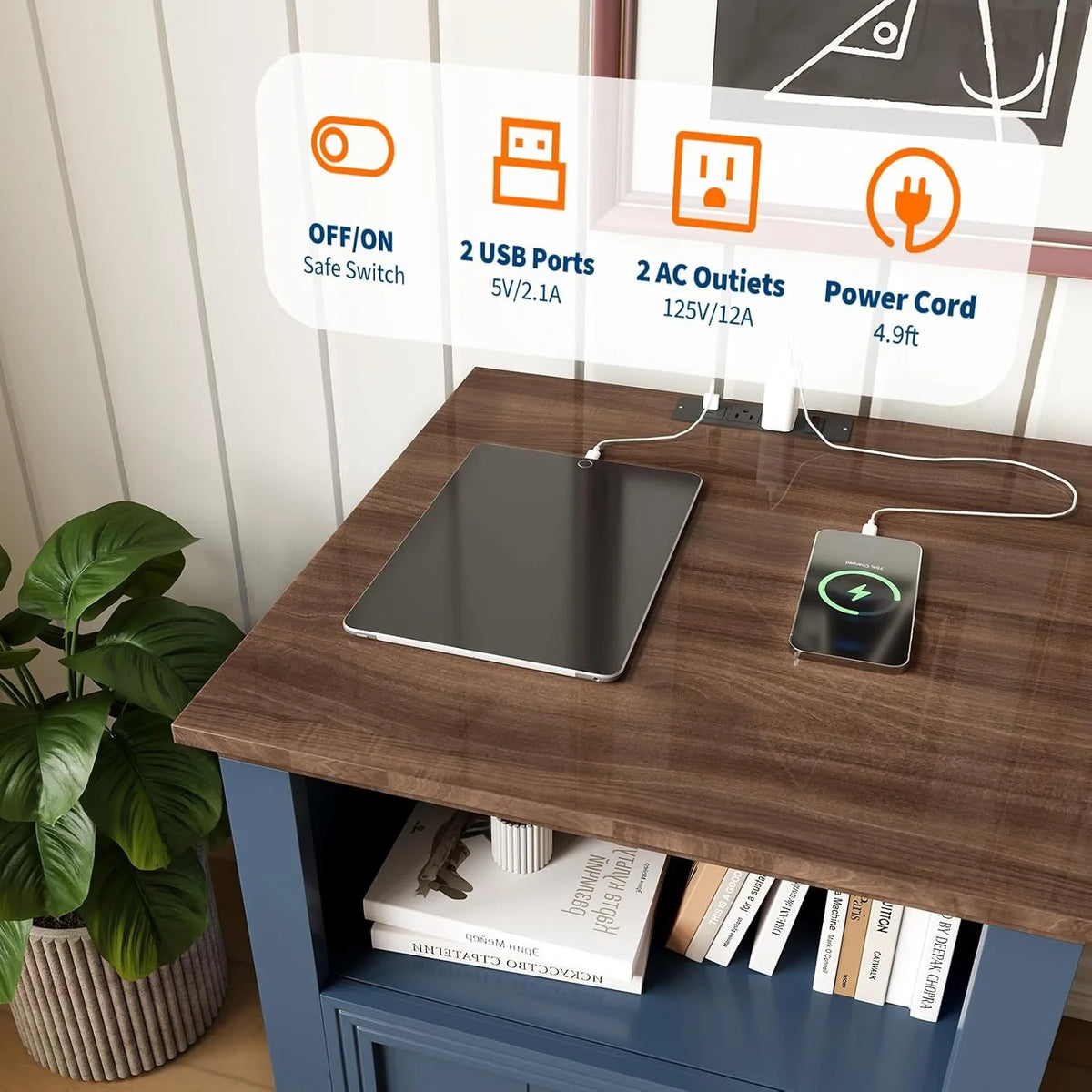 ANIXOL Modern Fluted Wood Nightstand Featuring Integrated USB Charging