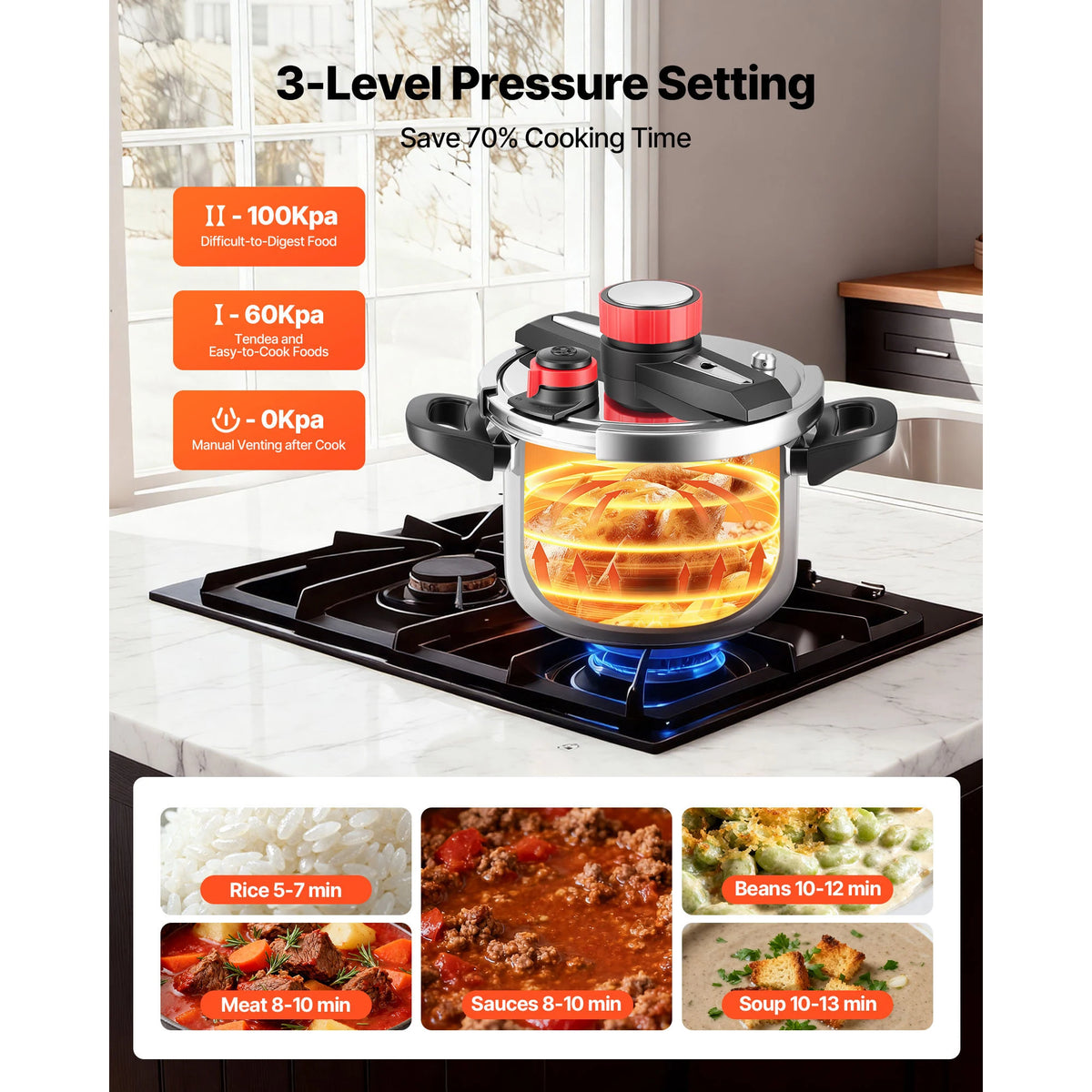 SucceBuy Stainless Steel Pressure Cooker Tempered Glass Lid Steaming Rack