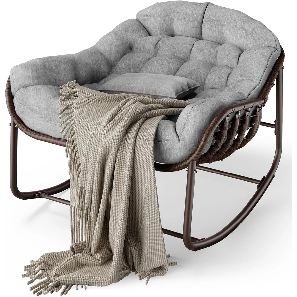 HiMISS Outdoor Papasan Egg Rocking Chair With Cushioned Wicker Lounge