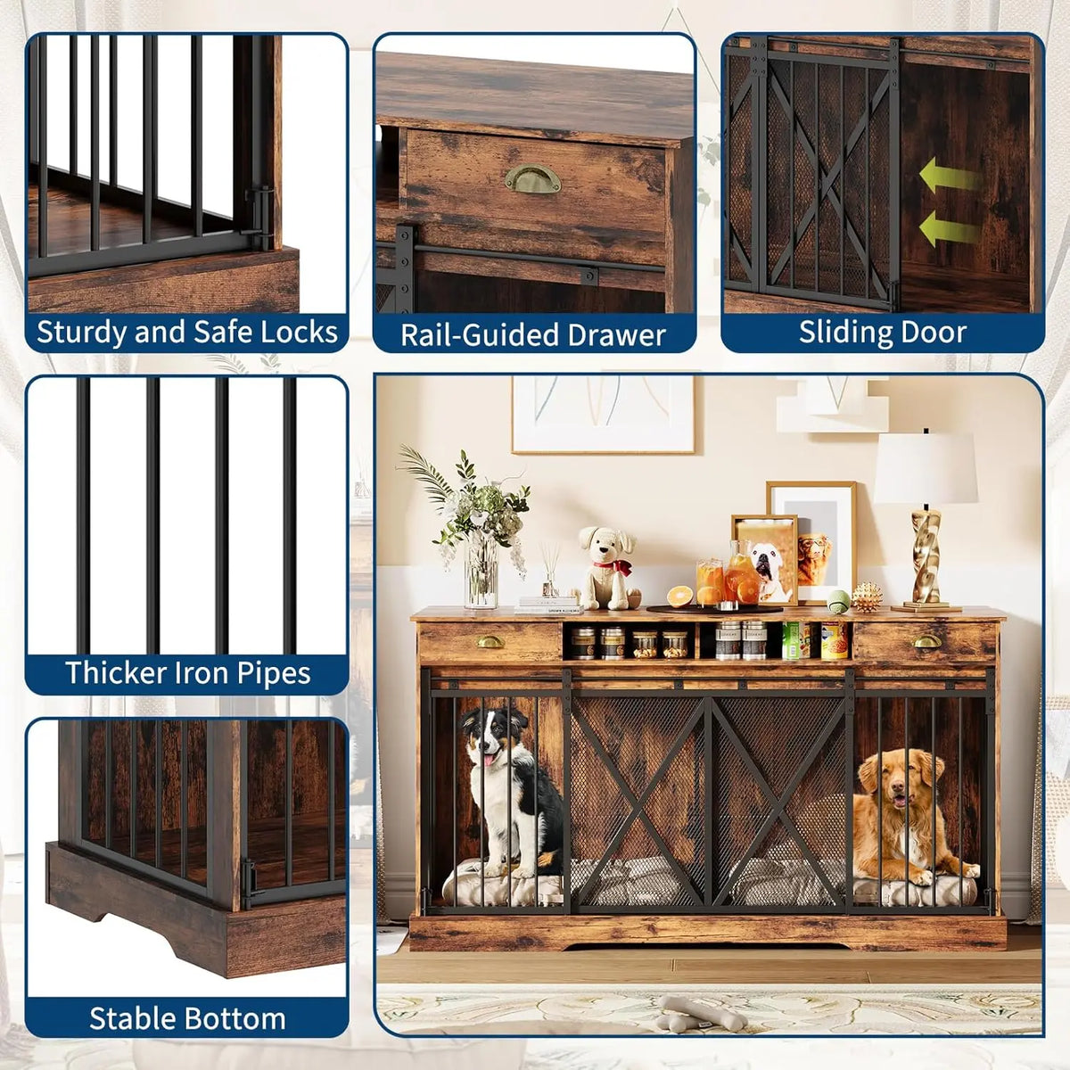 63 in Extra Large Double Dog Crate with Removable Divider, Heavy Duty Dog Kennel Furniture with 2 Drawers, Decorative TV Stand