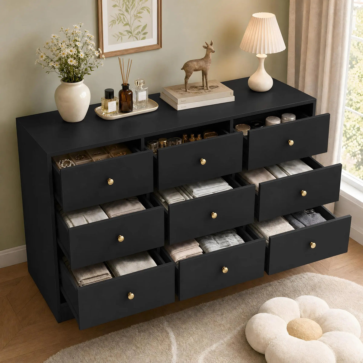 HiMiss Modern 9 Drawer Wood Storage Chest With Gold Handles