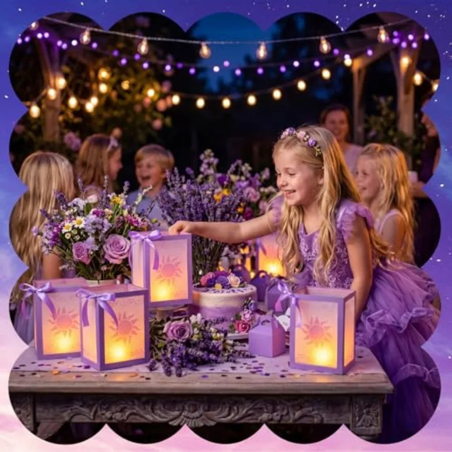 12 Set Sun Paper Lanterns with LED Candles for Centerpieces Princess Birthday Decorations Sun Lantern Decor with Purple Ribbon