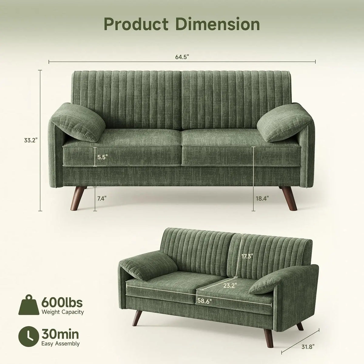 Onbrill Modern Chenille Fabric Loveseat Sofa With High Legs