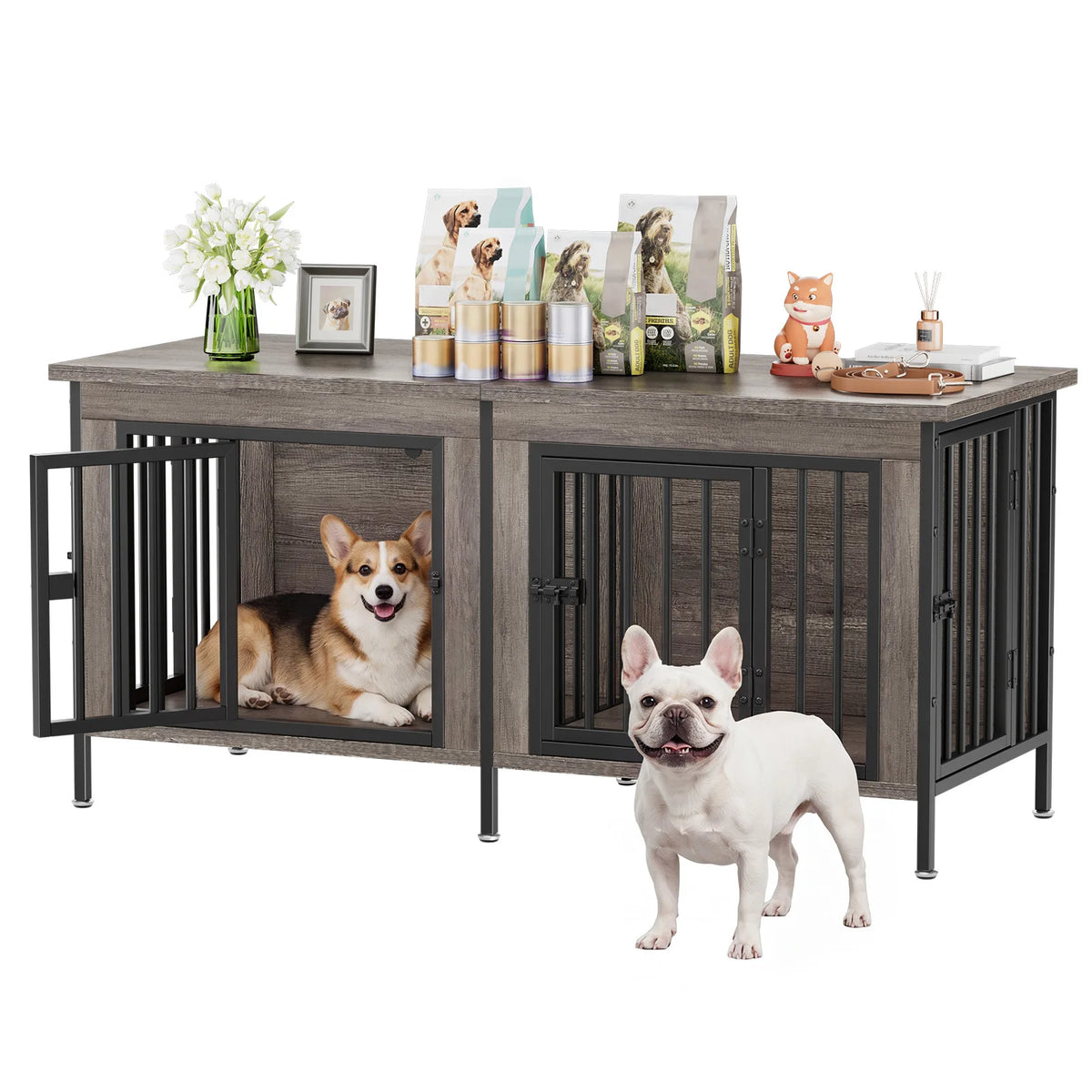JHK 54 Inch Double Door Wooden Dog Cage with Divider Heavy Duty Extra Large Pet Kennel for Indoor Outdoor Dog Kennel Furniture