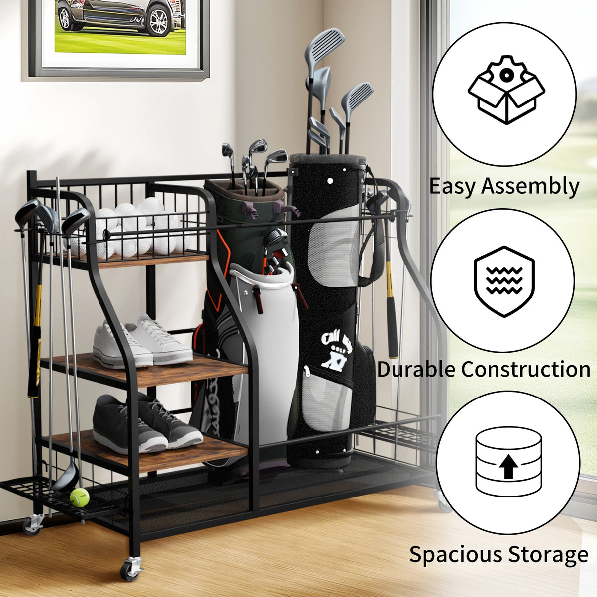 Rolling Multi Tier Golf Bag Storage Rack For Sports Equipment