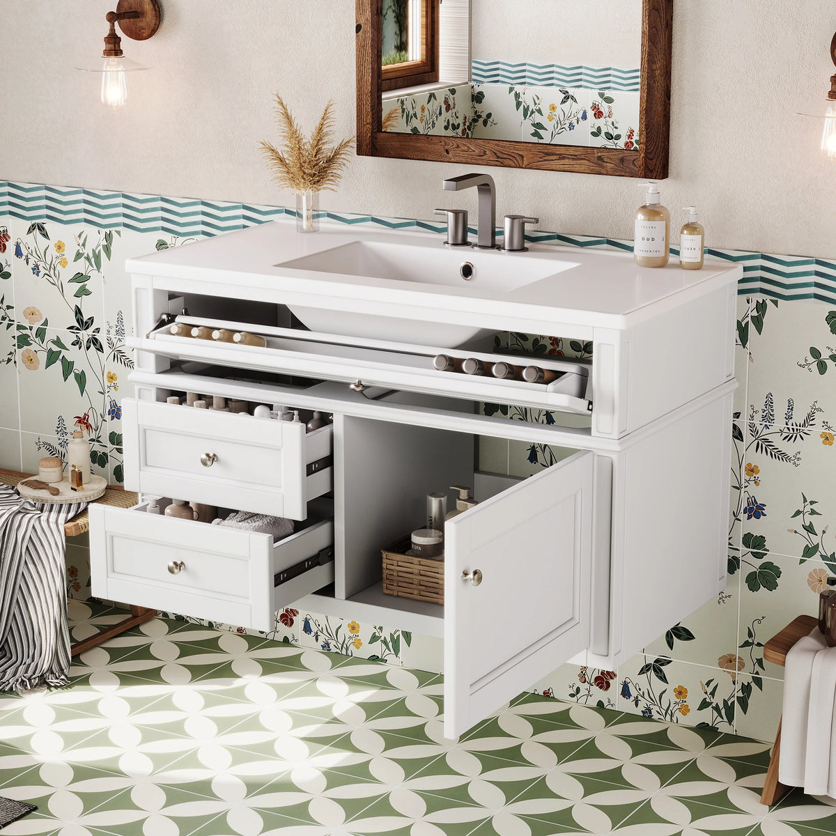 Modern Floating Bathroom Vanity With Ceramic Sink Storage Cabinet