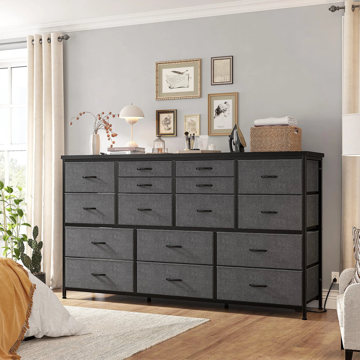 EnHomee 16 Drawer TV Stand Charging Station Long Storage Dresser