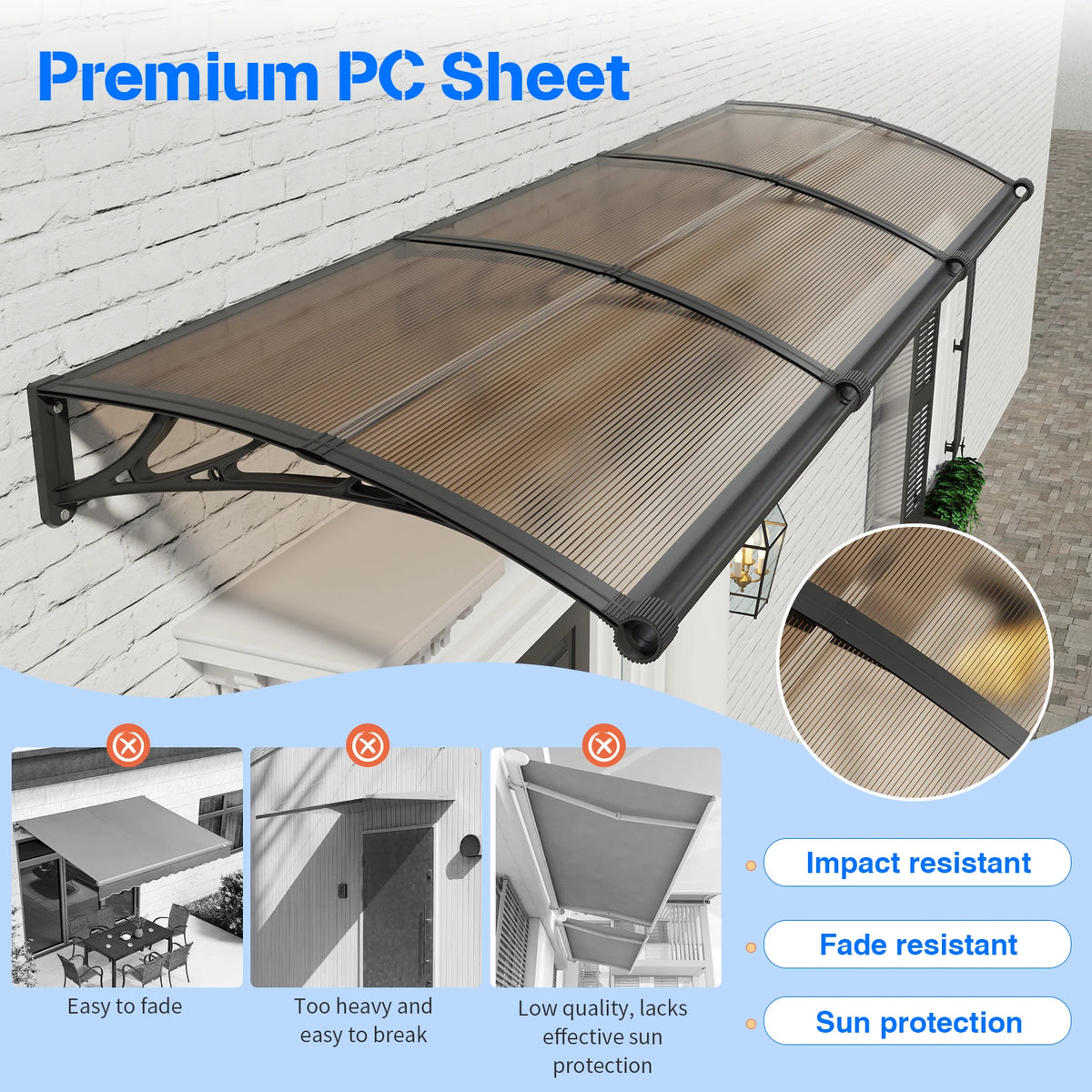 Polycarbonate Door Awning For Patio Sun Shade Rain Shelter Cover