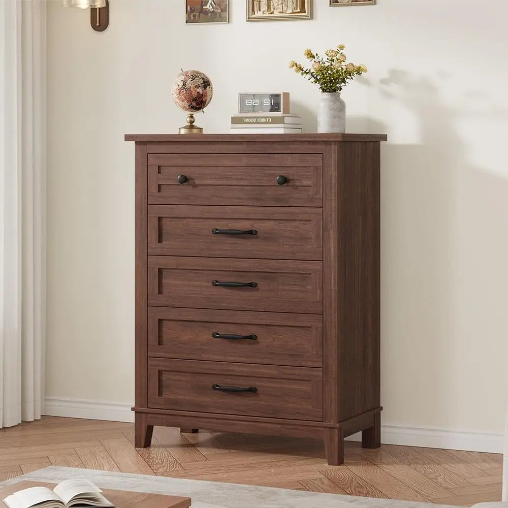 Five Drawer Wooden Dresser With Spacious Bedroom Storage Cabinet