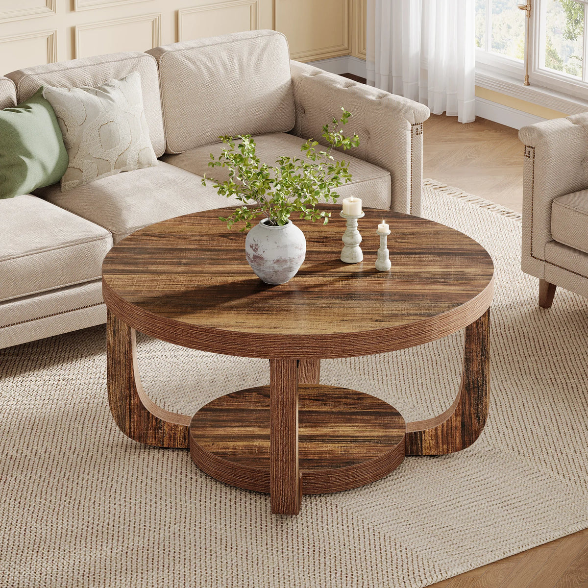 Tribesigns Wooden Round Coffee Table With Lower Storage Shelf
