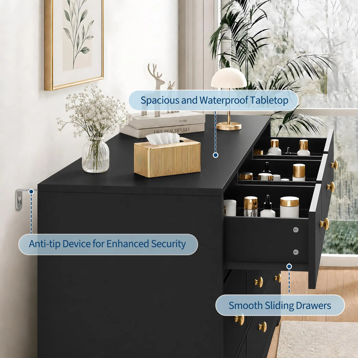HiMiss Modern 9 Drawer Wood Storage Chest With Gold Handles