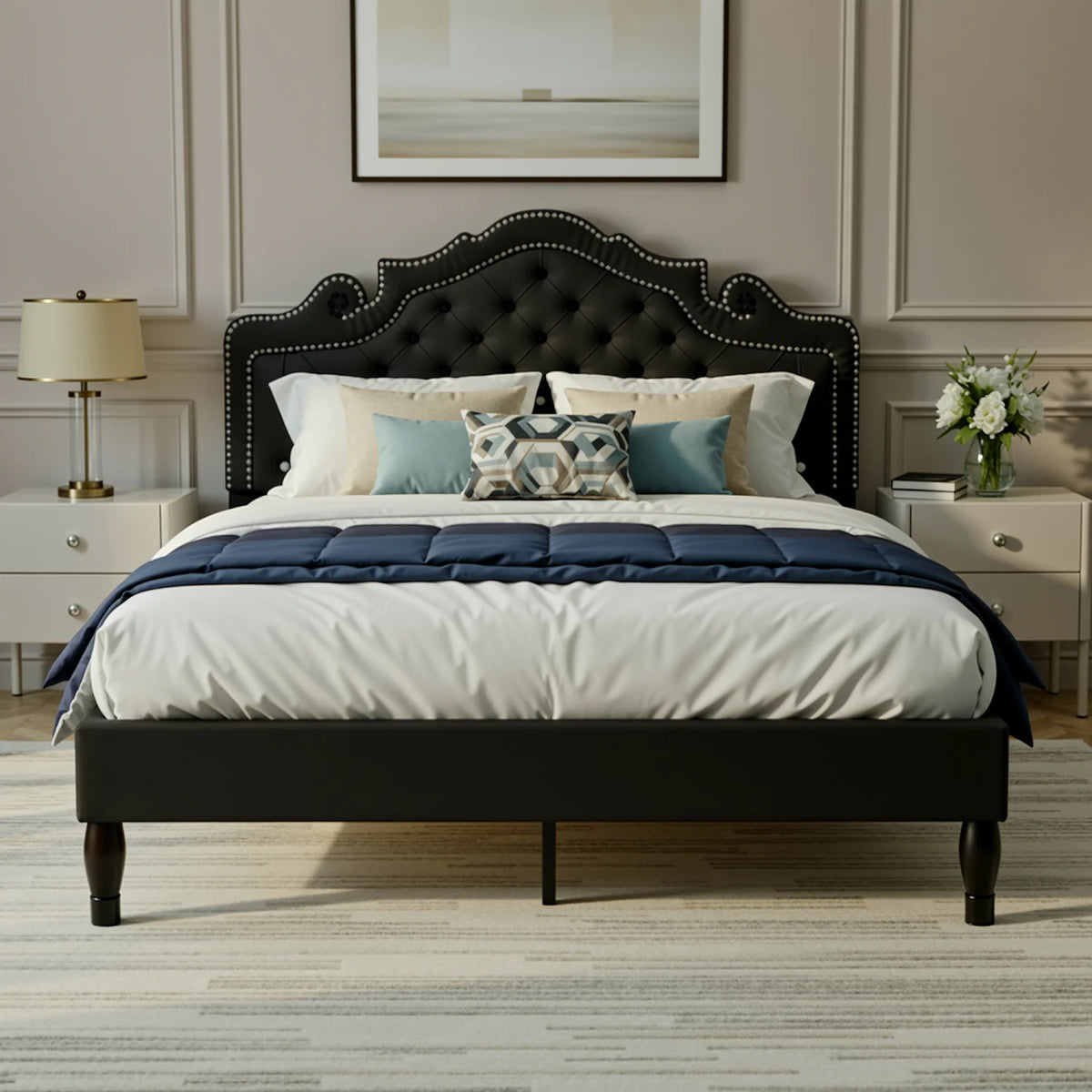 HOOMIC Velvet Upholstered Bed Frame With Diamond Tufted Tiara Headboard