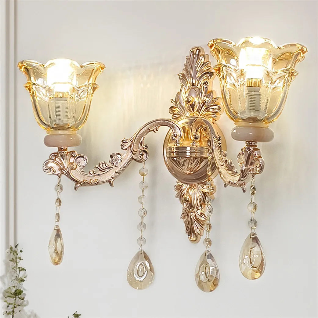 Antique Gold Floral Wall Sconce with Clear Crystals Lampshade Wall Lighting for Entrance Bedroom Hallway Decor