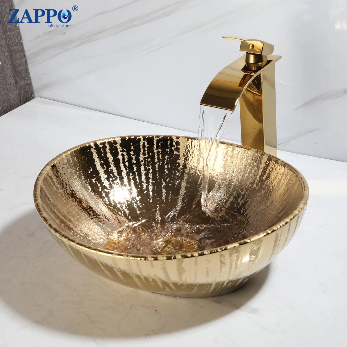 MEKKHALA Ceramic Vessel Sink Set With Waterfall Faucet