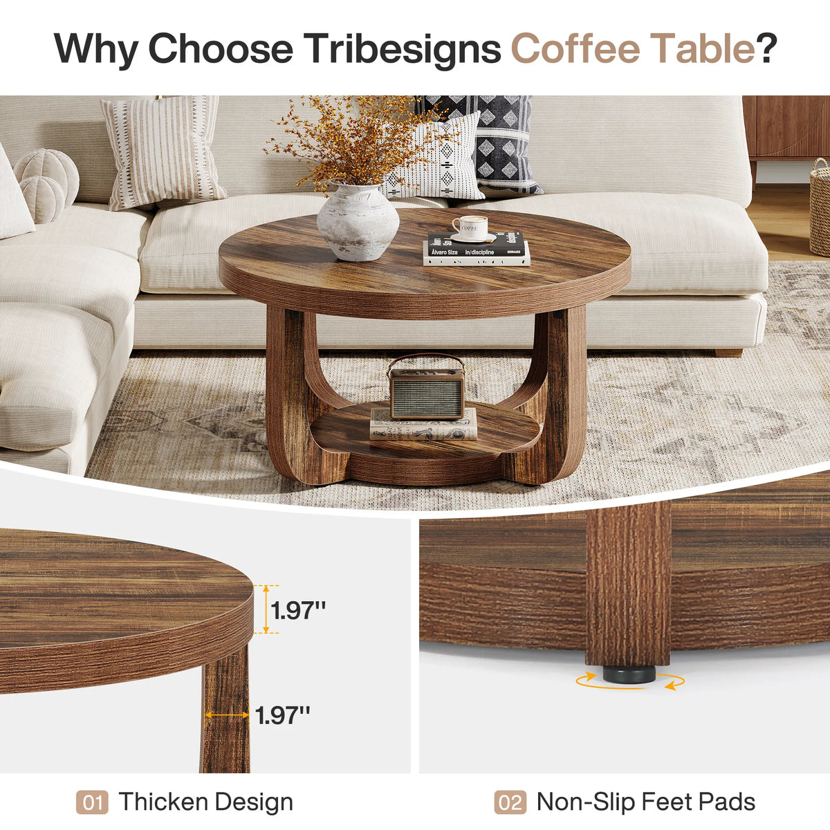 Tribesigns Wooden Round Coffee Table With Lower Storage Shelf