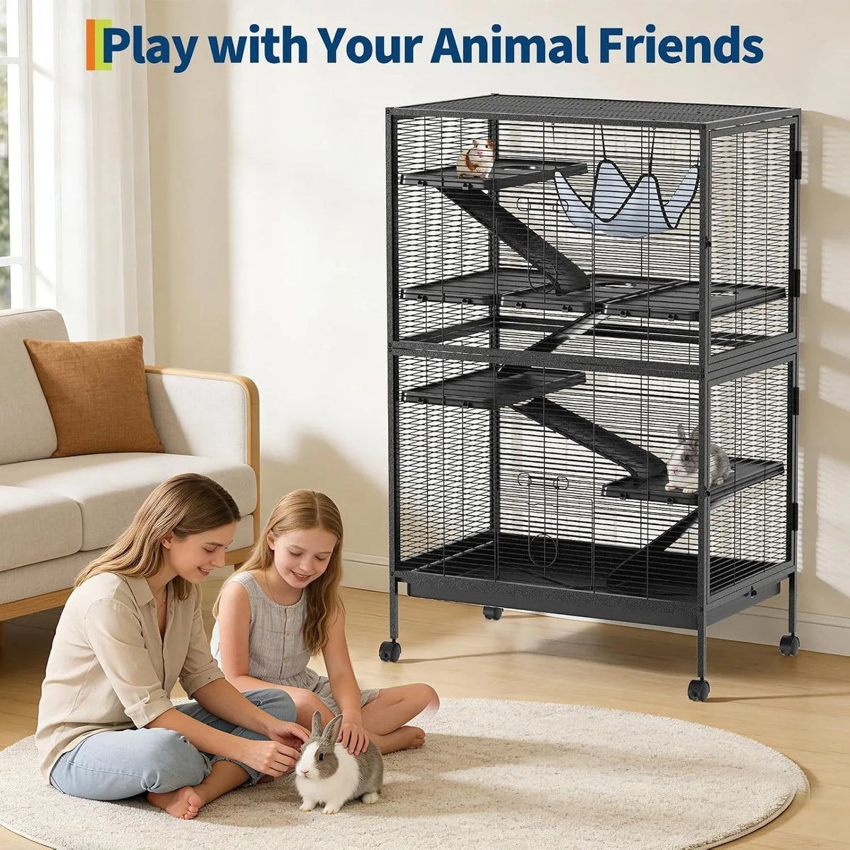 50in Tall Ferret Cage Multi Level Small Animal Habitat with Hammock Removable Platforms Ramp Rolling Wheels Bottom Tray for Sugar Glider Chinchilla Guinea Pig Rabbit and Small Pets