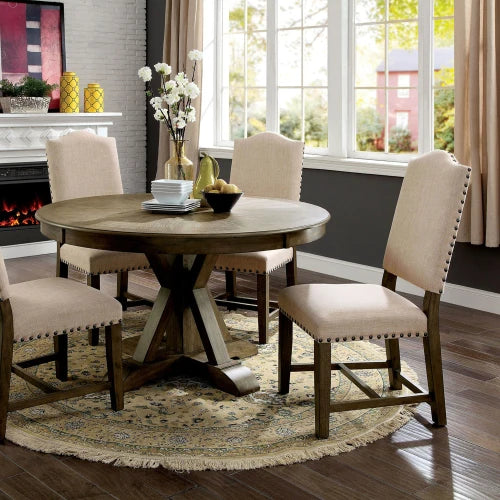 Light Oak Round Dining Set 5 Upholstered Chairs Solid Wood