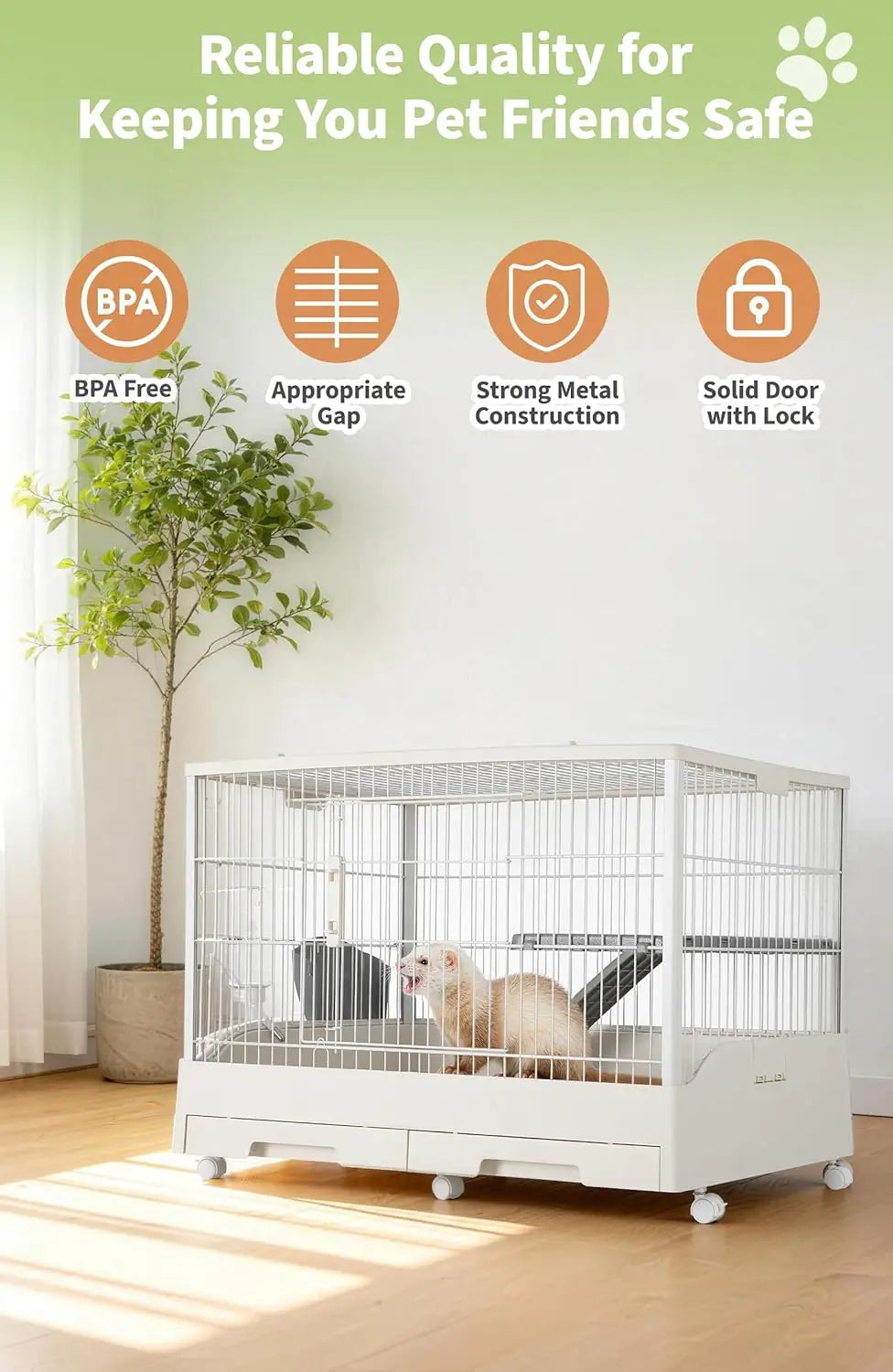 Large Rabbit Hutch, Small Animal Cage with 2 Removable Tray, Ramp, 6 Casters, Water & Hay Feeder, for Rabbit, Hamster, Guin