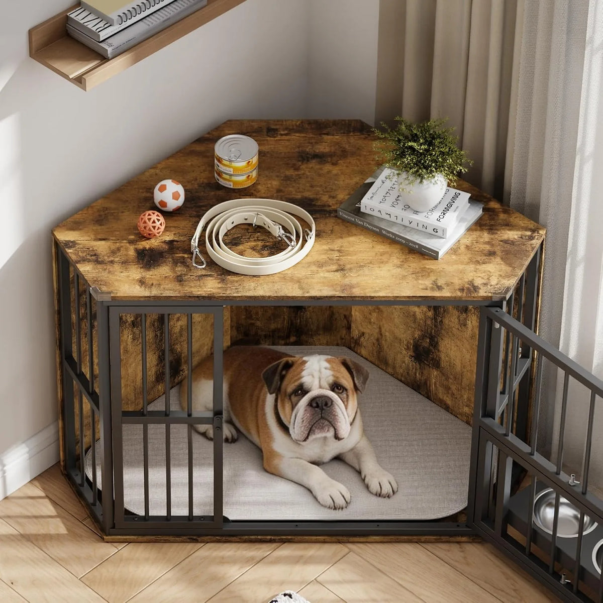 Wooden Corner Dog Crate Furniture With Double Door Lockable Cage